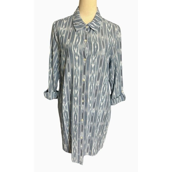 Pure Jill Ikat Button Down Roll-Tab Pockets Collard Shirt Cotton Tunic Dress  M - Picture 1 of 11